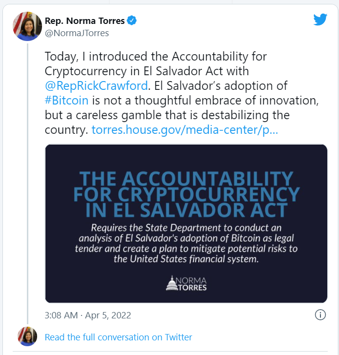 Norma Torres, tweet, BTC, El Salvador