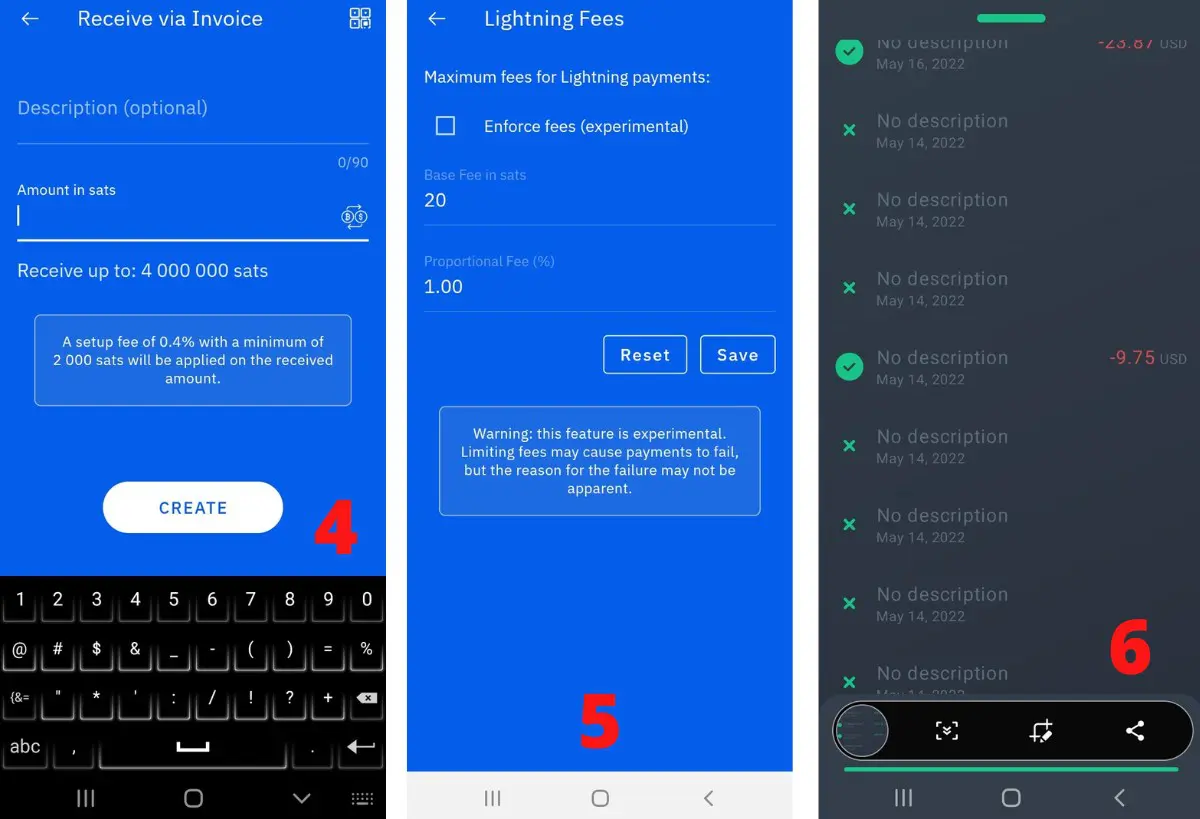 4. A Bitcoin Lightning Network-ön így lehet pénzt fogadni, előtte ki kell állítani egy “számlát” (Breez). 5. A Breez beállításai, ahol a költségeket limitálni lehet. 6. Az X-el jelzettek a sorozatos sikertelen átutalások a Terra-pánik idejéből (Phoenix).