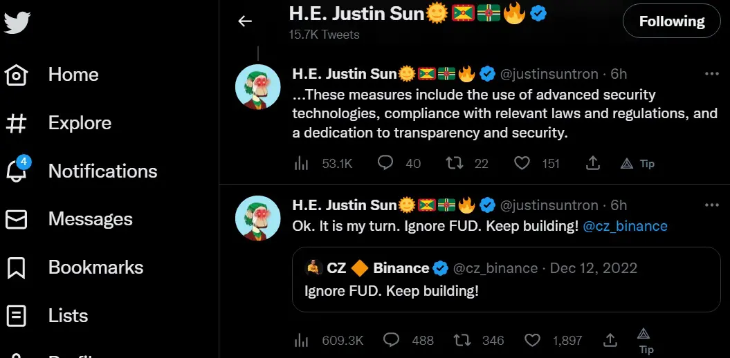 Justin Sun CZ-nek (Changpeng Zhao Binance-vezérnek) is azt válaszolta, hogy fő az építkezés.