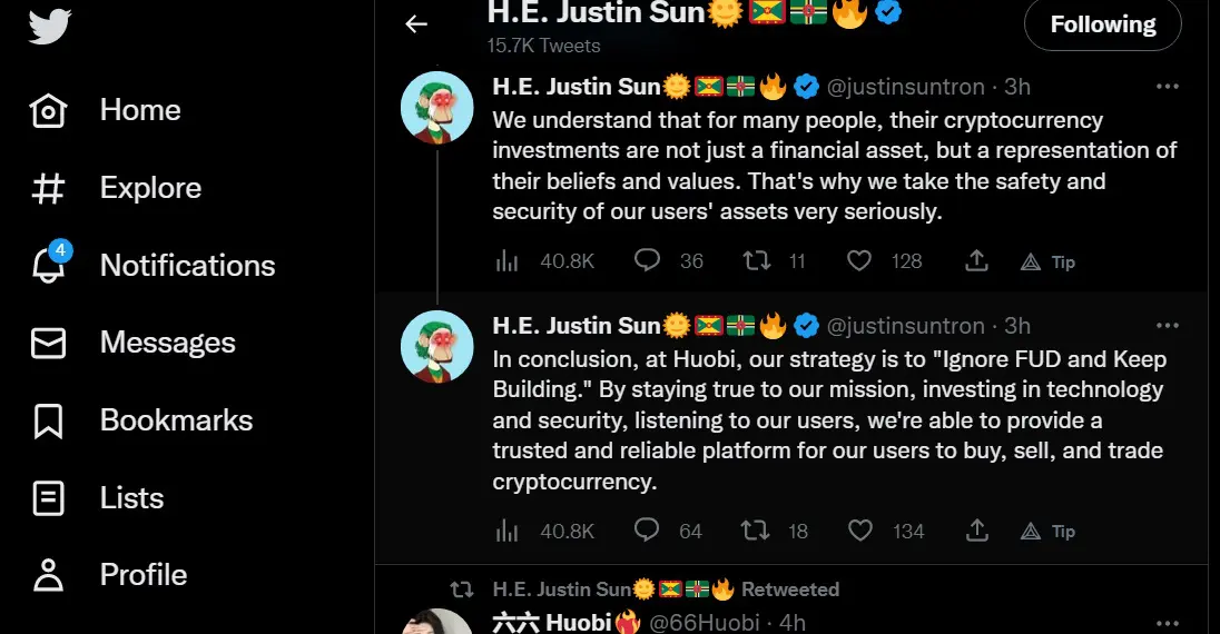 Justin Sun Huobi-vezető pénteki Twitter-üzenetei. Fő a biztonság, nem kell a FUD, inkább építkezünk.