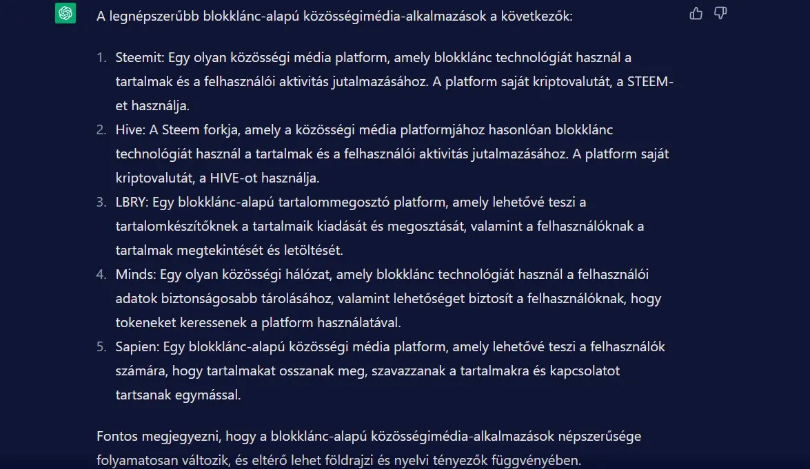 Blokklánc-alapú közösségimédia-alkalmazások a ChatGPT szerint.