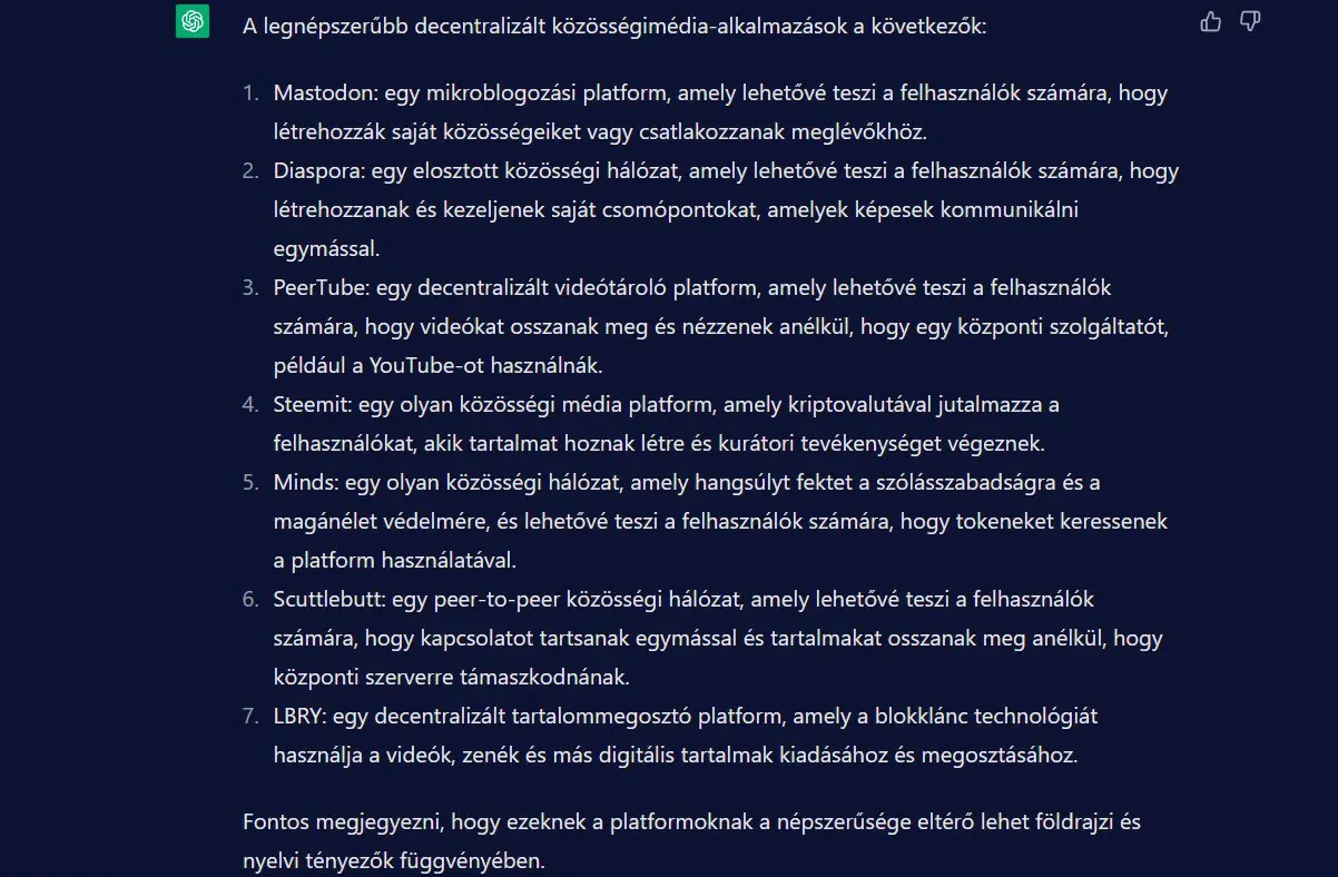 Decentralizált közösségimédia-alkalmazások a ChatGPT szerint.