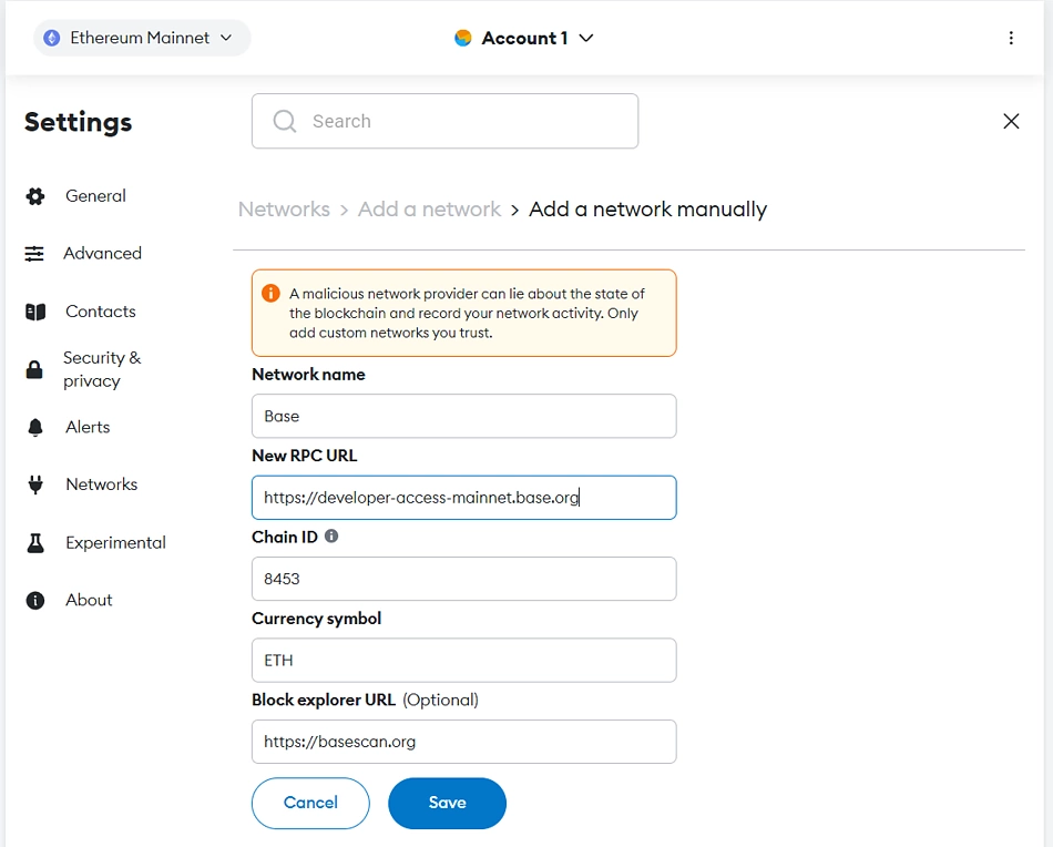 MetaMask, hálózat