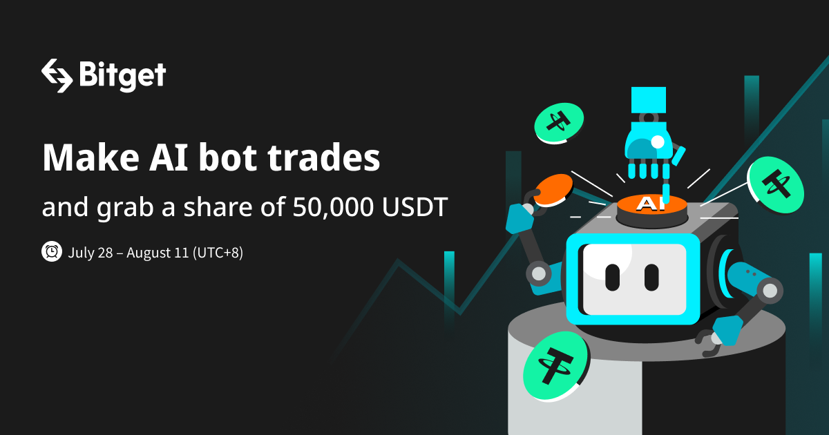 Kép a Bitget 2023-as AI-kereskedési versenyéről, amelyben a felhasználók AI botokkal kereskedhettek és részesedhettek az 50 000 USDT díjalapból (2023. július 28. – augusztus 11.).