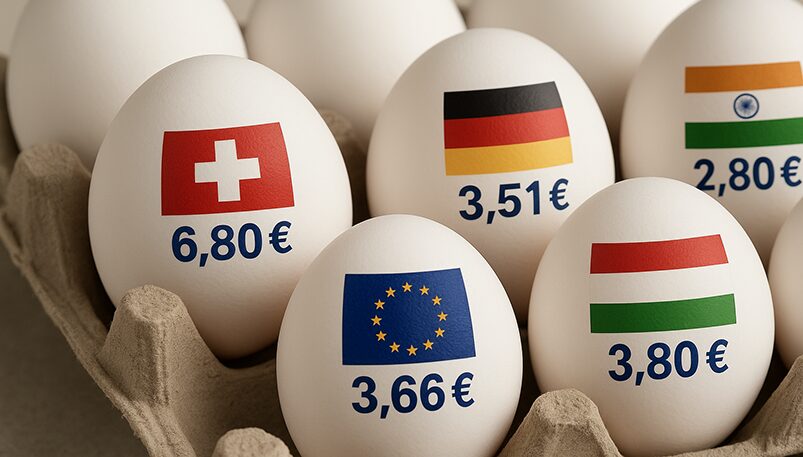 Tojások egy kartondobozban, amelyeken különböző országok és régiók zászlói, valamint a tojás ára (€/tucat) láthatóak. Svájc zászlóján 6,80 €, Németország zászlóján 3,51 €, India zászlóján 2,80 €, az EU zászlóján 3,66 €, Magyarország zászlóján pedig 3,80 € szerepel. A háttérben további tojások és a doboz részei láthatók.
