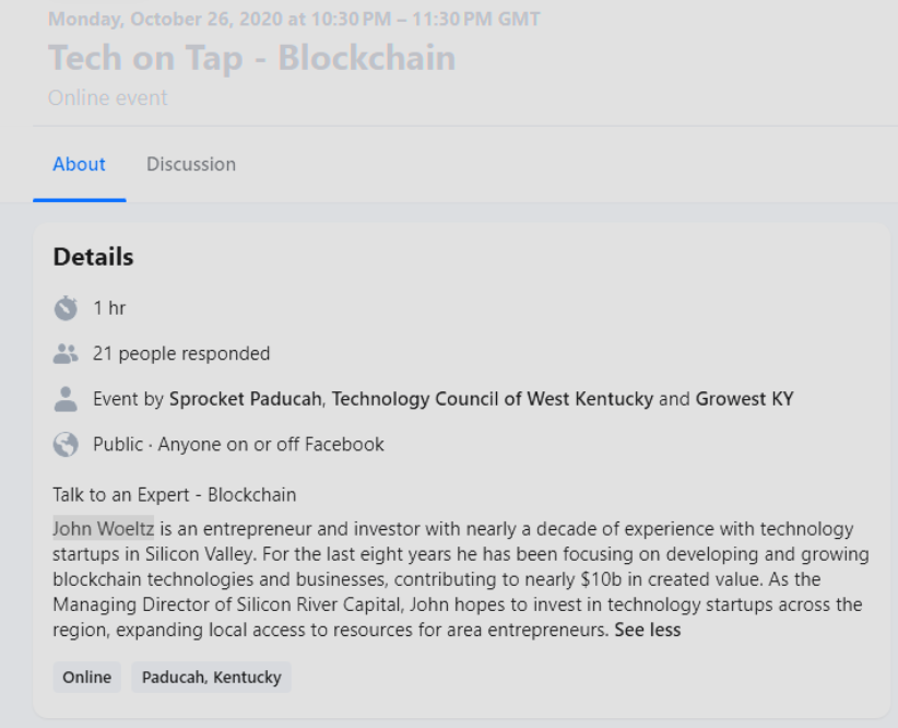 Képernyőkép a 2020. október 26-án megrendezett “Tech on Tap – Blockchain” online esemény Facebook-oldaláról. A képen látható, hogy John Woeltz előadóként vett részt, és részletezik szakmai hátterét a technológiai startupok és blokkláncfejlesztések területén.