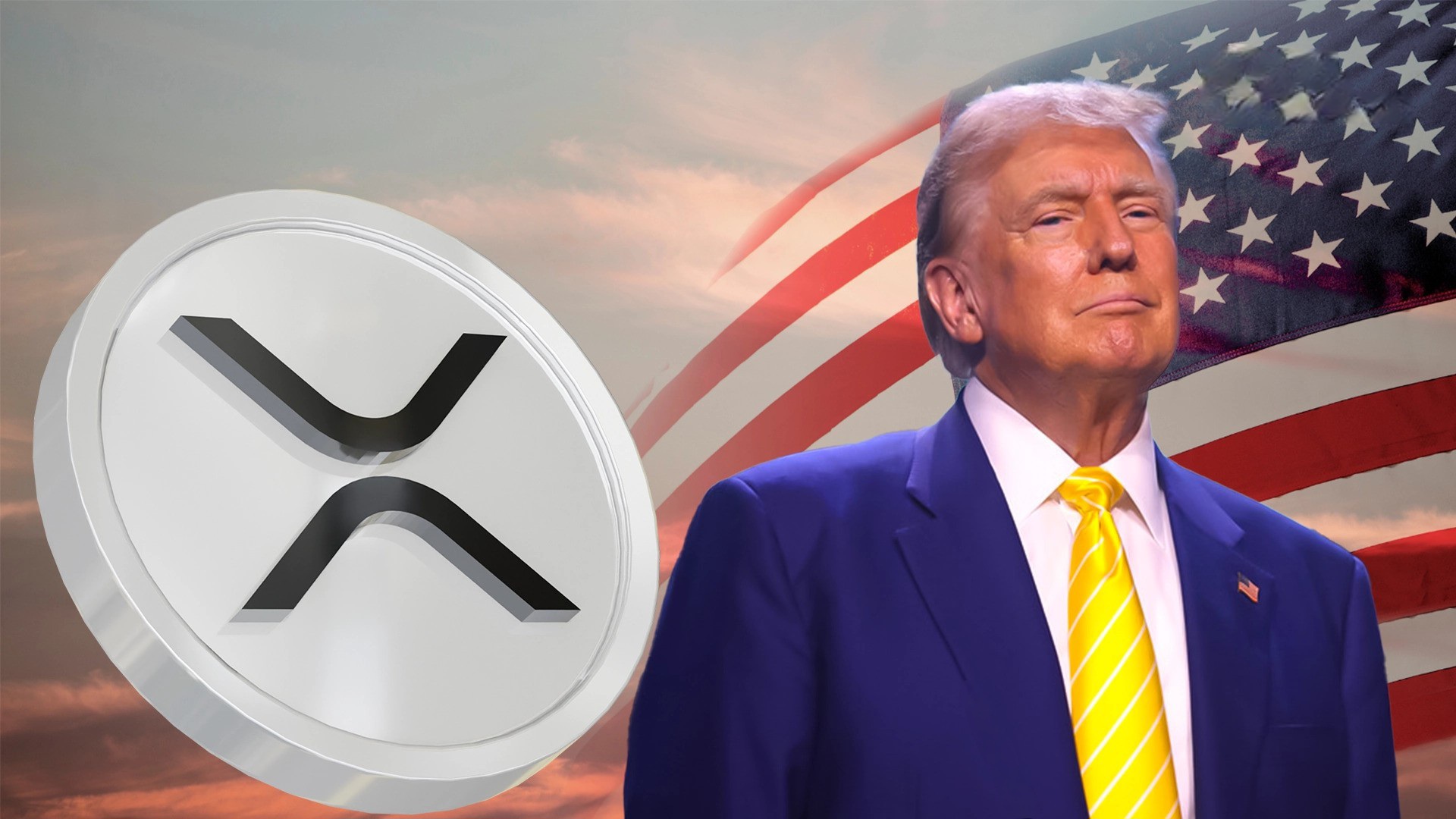 Donald Trump kék öltönyben, sárga csíkos nyakkendővel, az amerikai zászló előtt áll, amelynek hátterében egy narancssárga égbolt látható. Bal oldalon egy nagy XRP logó található, amely egy stilizált "X" betűt ábrázol egy kerek érmén. A kép az XRP kriptovalutát és az amerikai nemzeti szimbólumokat kapcsolja össze.