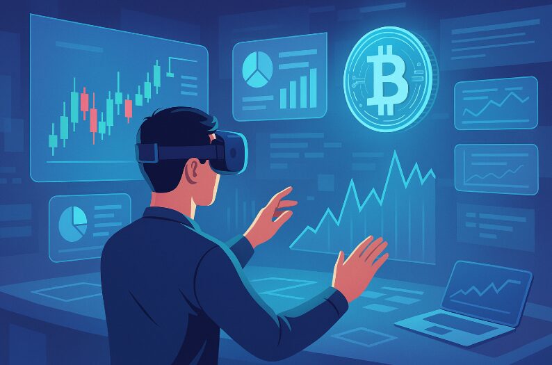 Személy VR szemüvegben, aki lebegő pénzügyi adatokkal lép interakcióba futurisztikus környezetben