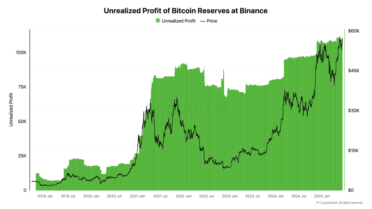 „Grafikon, amely a Binance Bitcoin-tartalékainak nem realizált nyereségét (zöld oszlopok) és a BTC árfolyamát (fekete vonal) mutatja 2019 és 2025 között. A nyereség 2025-ben új csúcsot ér el, 60 000 BTC közelében.”