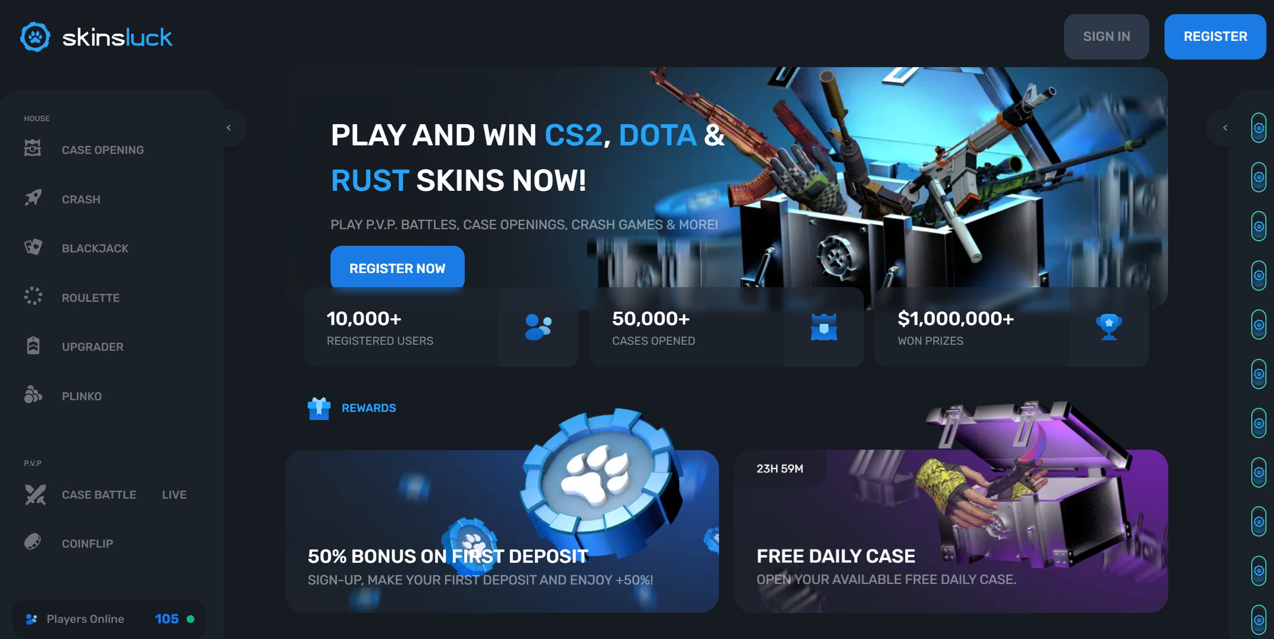 SkinsLuck CSGO kaszinó főoldal