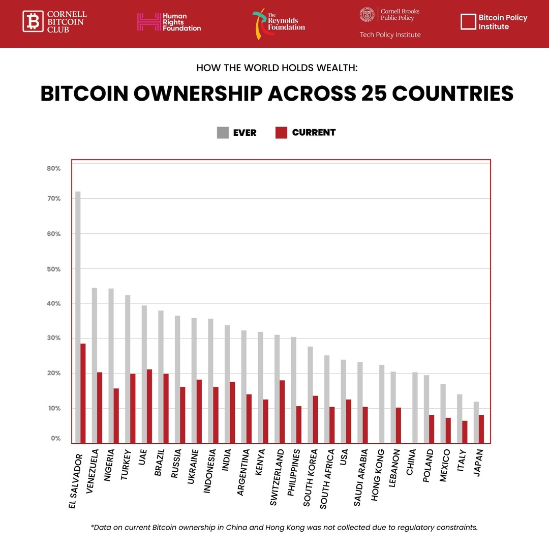 Oszlopdiagram országonként, annak bemutatására, hányan birtokoltak vagy birtokolnak Bitcoint a felmérés szerint.