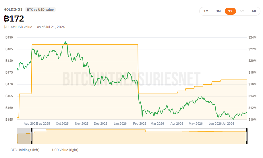 A Bitcoin Treasury Capital közel 172 BTC‑s készlete és annak USD‑értéke az elmúlt egy évben, a BTC PREF mögötti bitcoin‑treasury volatilitásával együtt. Forrás: BitcoinTreasuries.net