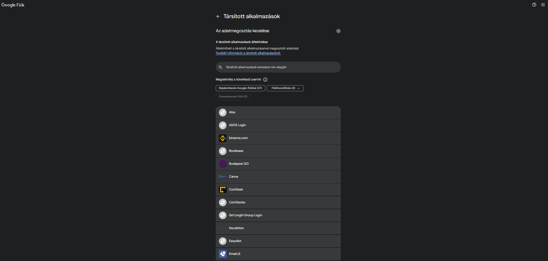 A Google-fiókhoz kapcsolódó alkalmazások és szolgáltatások áttekintő felülete.