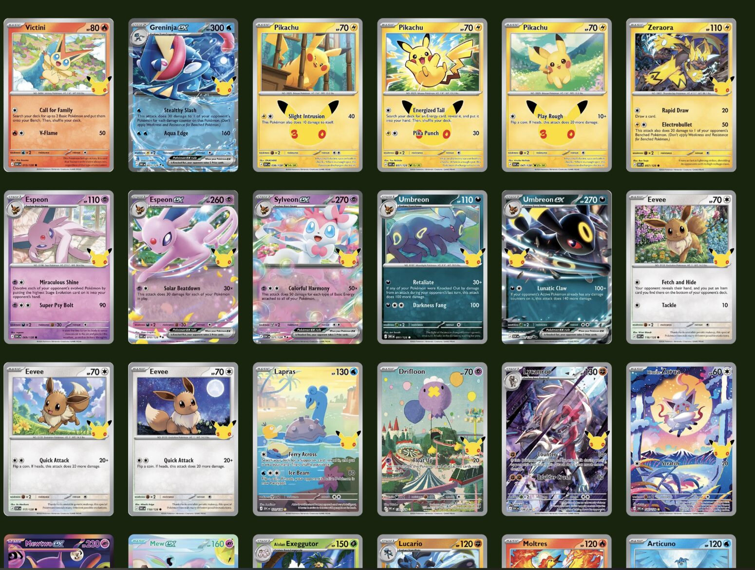 A 30. évfordulóra bemutatott új kártyák egy része - Forrás: Pokecottage