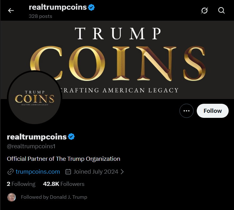 A Trump Digital Gold token promóciója a realtrumpcoins1 X-fiókon