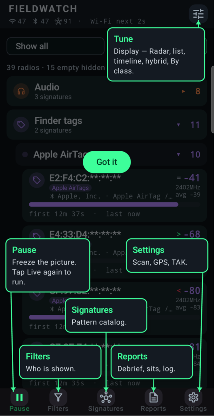 Fieldwatch tutorial képernyő