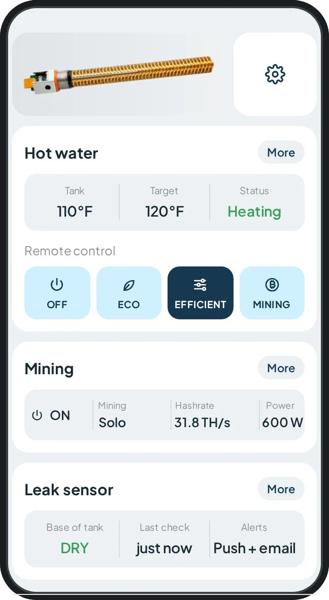 A Bitwater mobilalkalmazásában a víz hőmérséklete, a bányászat állapota és a számítási teljesítmény is nyomon követhető, a rendszer pedig távolról vezérelhető. (Forrás: Heatbit)